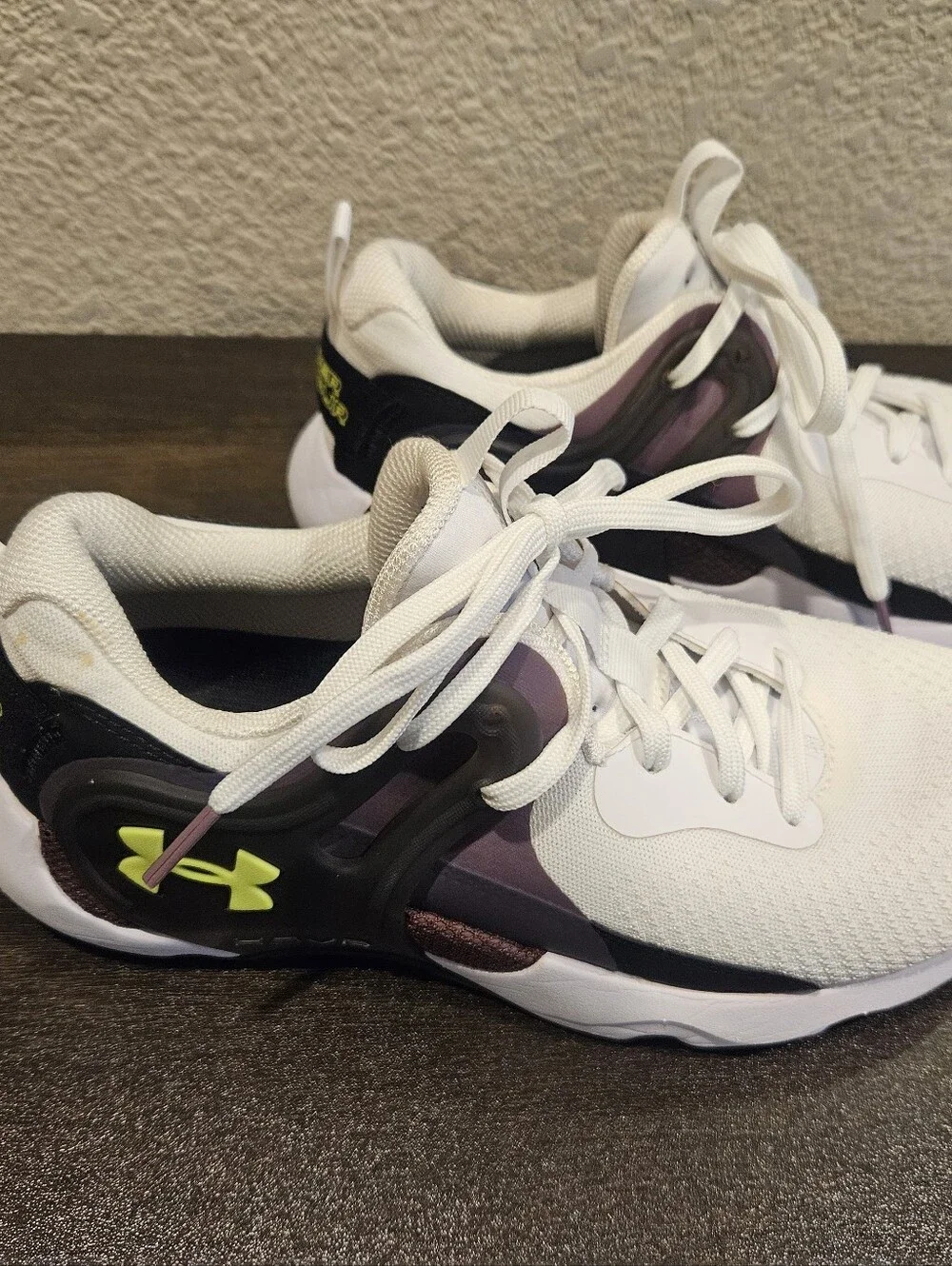 White and Black Athletic Sneakers with Neon Yellow Accent